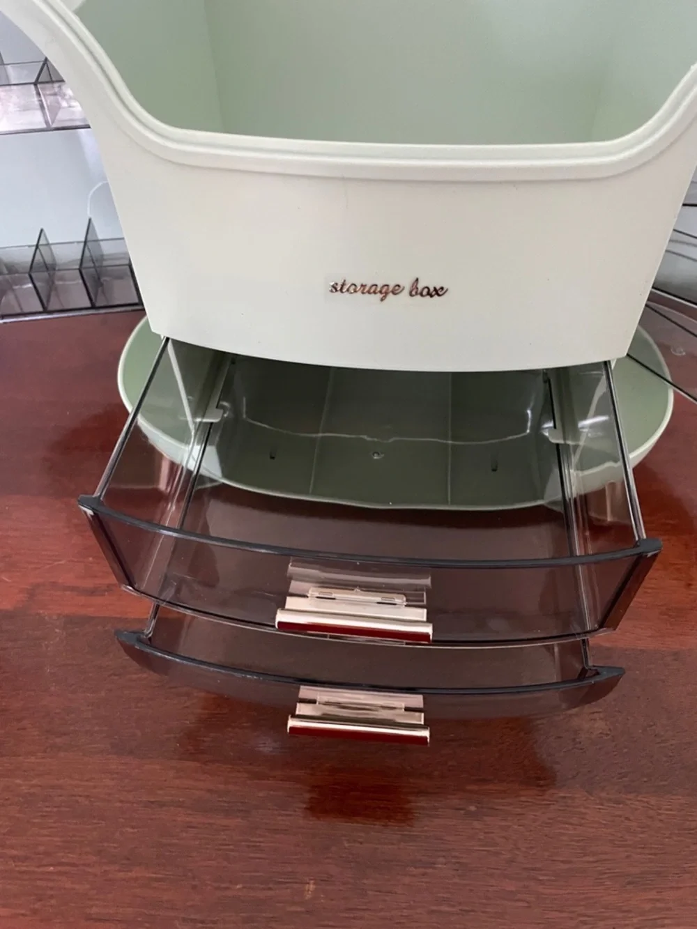Retro Cosmetic Organizer in White and Greens with Rose Gold Accents
